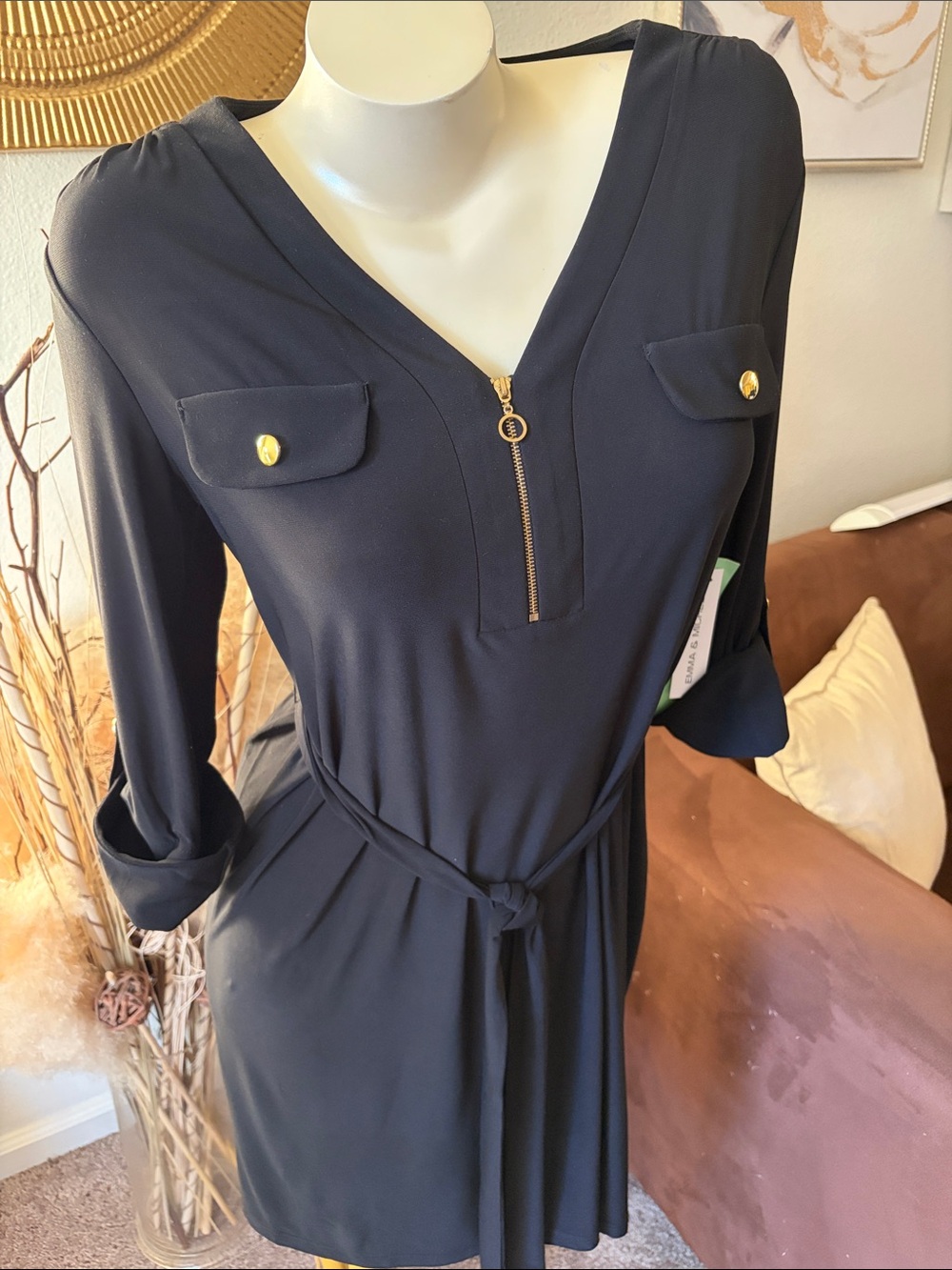 *Emma & Michele Black Mini Dress with Gold Zip and Button Accents NWT